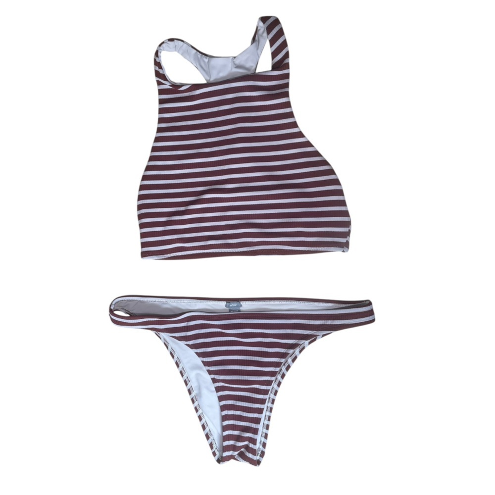 Aerie Large Swimsuit 2 Piece Bikini Stripe White Red Longline Halter Neck Top Pc